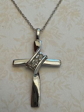 Sterling Silver Cross Pendant Necklace with Ribbon Diamond Accent Helen Andrew’s